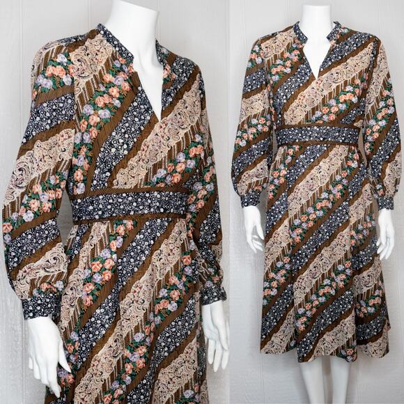 VINTAGE '70s Puff Sleeve Striped Boho Midi Dress MEDIUM/LARGE - Picture 1 of 12